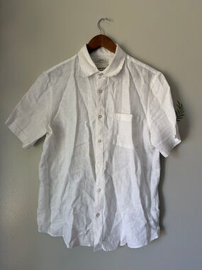 THOM AARON  100% Linen Men's White Short-Sleeve Linen Button-Up Shirt Medium